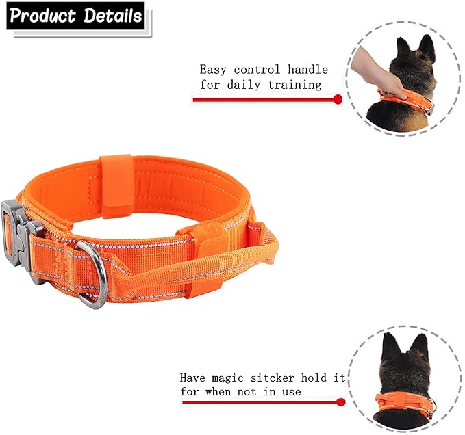 Tactical Dog Collar with Heavy Duty Metal Buckle and Control Handle for Medium Large Dogs Training(Orange, X-Large)