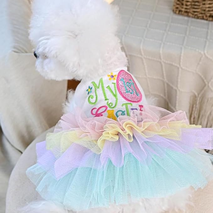 Dog Easter Outfit with My 1st Easter Embroidery Letters Holiday Puppy Dress Rainbow Small Dog Tutu Cat Apparel Fancy Pet Clothes for Chihuahua Yorkie Pomeranian Poodle (Colorful, Large)