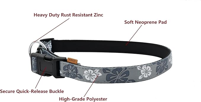 Dog Collar, Cute Floral Pattern, Neoprene Padded and Adjustable Collar with Quick Release Buckle, Reinforced Structure (L (Neck 18-28", Width 1"), Hawaiian Grey)