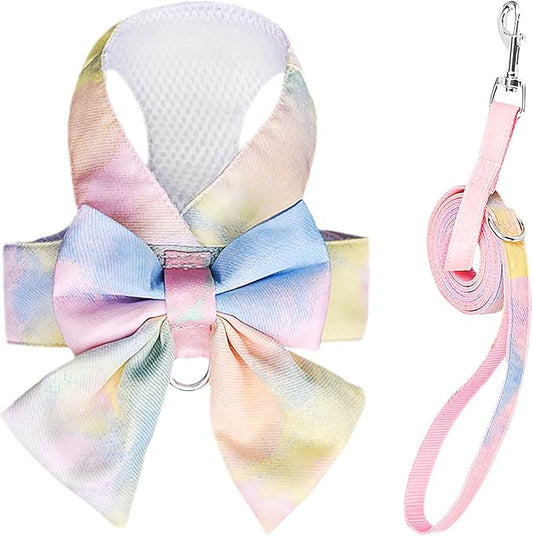PETCARE Cute Bow Tie Dog Harness and Leash Set Elegant Rainbow Gradient Puppy Harness No Pull Soft Mesh Pet Cat Dog Vest Harnesses for Small Dogs Cats, Yellow