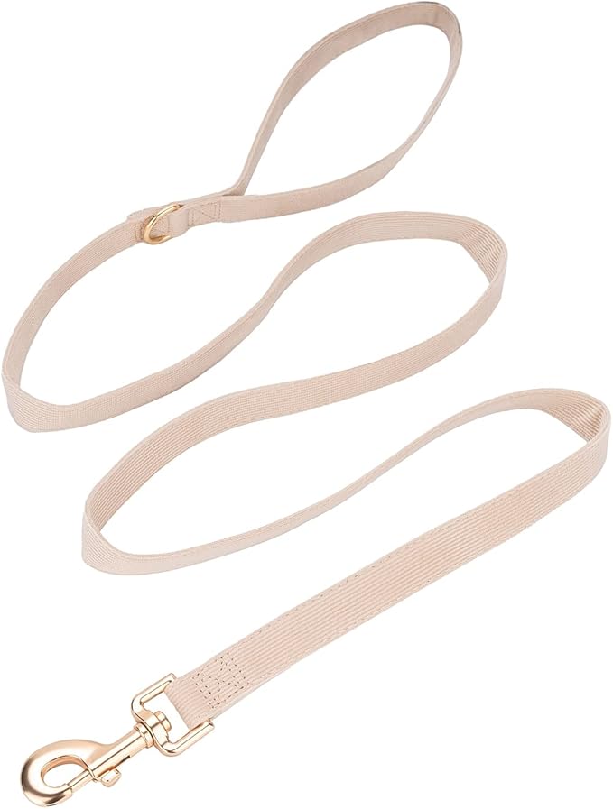 Soft Corduroy Dog Collar and Leash Set, Adjustable Cotton Dog Collars with Metal Buckle and Lead for Small Dogs,Beige