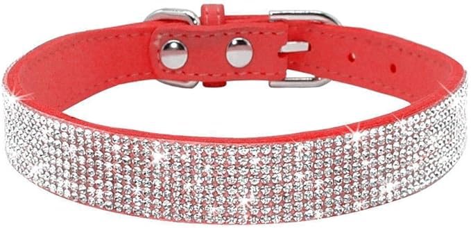 Rhinestone Dog Collar, Cute Dazzling Sparkling Soft Suede Leather Dog Cat Rhinestone Collar Crystal Diamond Pet Dog Puppy Collar(Red,XS)