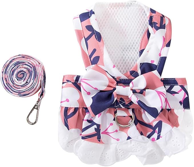 Dog Harness Dress for Small Dog Daisy Floral Dog Harness and Leash Set Bow Knot Girl Puppy Princess Skirt with D-Ring Mesh Summer Pet Clothes for Cat Dogs (Pink, Large)