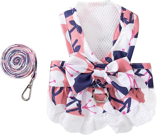 Daisy Floral Dog Harness and Leash Set - Bow Knot Girl Puppy Princess Skirt with D-Ring Mesh Summer Pet Clothes for Cat & Dog (Pink, X-Small)