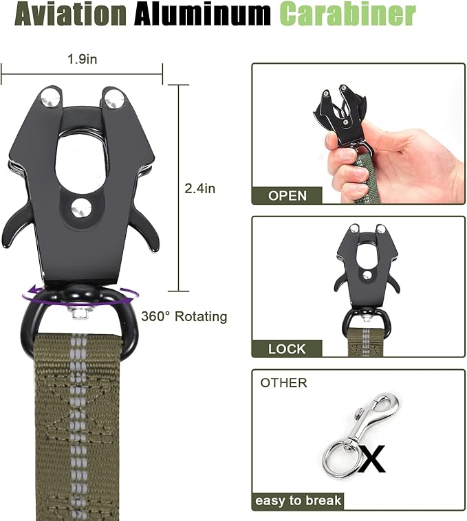 Raipult Tactical Heavy Duty Dog Leash,4-6FT Strong Bungee Dog Leashes with Frog Clip & Car Seatbelt，Reflective Walking Lead with 2 Handles for Medium Large Dogs,Green