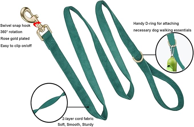Soft Corduroy Dog Collar and Leash Set, Adjustable Cotton Dog Collars with Metal Buckle and Lead for Medium Dogs,Dark Green