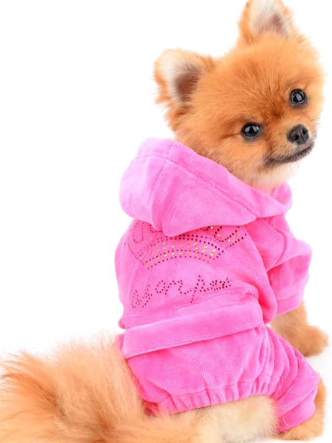 SEIMAI Dog Hoodies Jumpsuit for Small Dog Cat Puppy Rhinestone Crown Soft Velvet Autumn Winter Hooded Pajamas Tracksuit Outfits Sportswear Jacket with Hat Training Outdoor Pink M