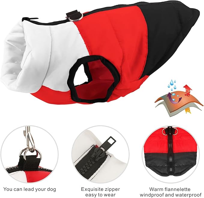 Idepet Pet Dog Cat Coat with Leash Anchor Color Patchwork Padded Puppy Vest Jacket Teddy Chihuahua Costumes Pug Cloth XS S M L (Medium (Pack of 1), Black)