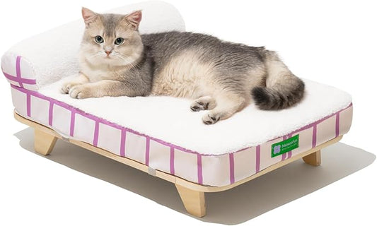 MEWOOFUN Cat Couch Bed, Modern Elevated Cat Bed with Nonskid Bottom, Orthopedic Pet Sofa Bed with Removable Washable Cover, Wooden Pet Furniture for Kitty Puppy, Purple & White