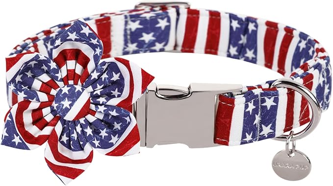 Dog Collar with Flower, 4th of July Comfortable Cotton Dog Collar, American Flag Collar for Small Girl Dog, Patriotic Flower Collar with Metal Buckle, S