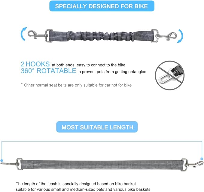 Dog Seat Belt for Bike Basket, Retractable Bicycle Dog Seatbelt, Elastic Pet Safety Leash Harness for Cat, Dog Leash Extension Attachment Shock Absorbing Lead Extension Absorber (Grey)