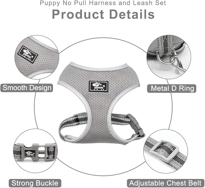 Puppy Harness and Leash Set - Vest for Small and Medium Dogs - Adjustable Reflective Step-in Harness for Dogs, Cats - Soft Mesh Comfort Fit No Pull No Choke (L, Grey)