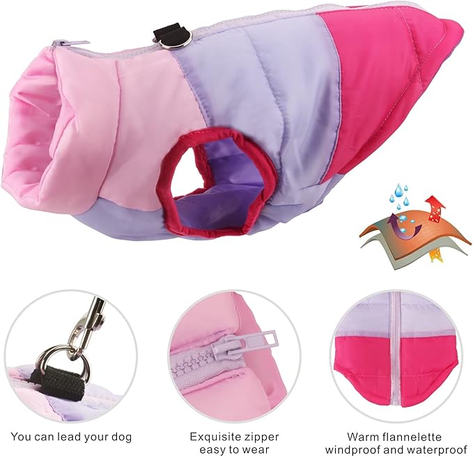Idepet Pet Dog Cat Coat with Leash Anchor Color Patchwork Padded Puppy Vest Jacket Teddy Chihuahua Costumes Pug Cloth XS S M L (Small, Rose Red)