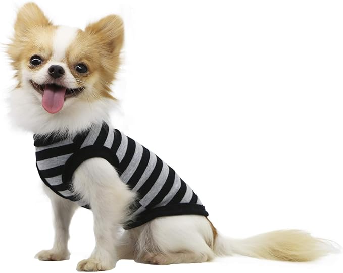 LOPHIPETS 100% Cotton Striped Dog Shirts for Small Dogs Chihuahua Puppy Clothes Tank Vest-Black and Gray Strips/S