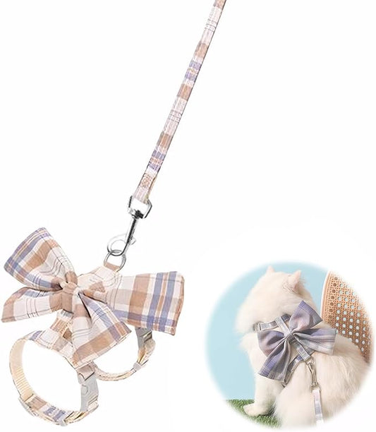 Cat Harness and Leash Set for Safe Walking, Bow Tie Cat Collar Harness, Adjustable Soft Travel Kitten Harness for Small Medium Large Cats (Brown Bow-S)