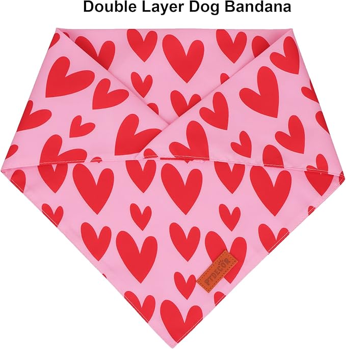PTDECOR Valentine Dog Bandana, Reversible Valentine Pet Scarf, Multi Size, Red Heart Bandanas for Medium Large Dogs (Large)