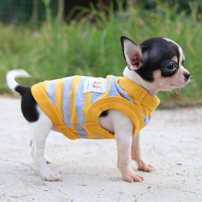 LOPHIPETS 100% Cotton Striped Dog Shirts for Small Dogs Chihuahua Puppy Clothes Tank Vest-Yellow and Gray Strips/XXS