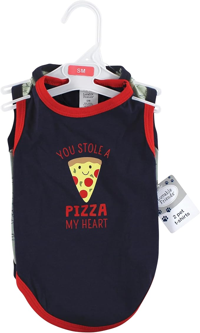 Luvable Friends Dog Pet Dog and Cats Cotton T-Shirts 2pk, Pizza Dino, Small