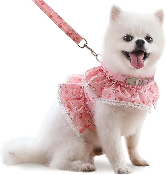 Dog Dress for Small Dogs,Cute Floral Girl Female Dog Dress Harness, Easy Walk Dogs Harness and Leash Set, Spring Summer Cat Puppy Outfit Clothes for Chihuahua Yorkshire, Pink M