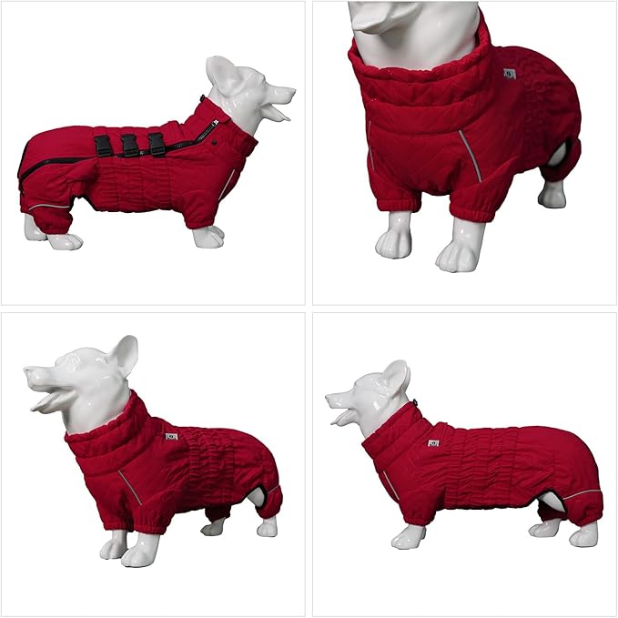 Lovelonglong Warm Dog Coat Double Layers Dog Vest, 4 Legs Covered Windproof Waterproof Reflective Warm Dog Vest Outdoor Skating Dog Costume for Corgis Dachshund Dog Red D-L