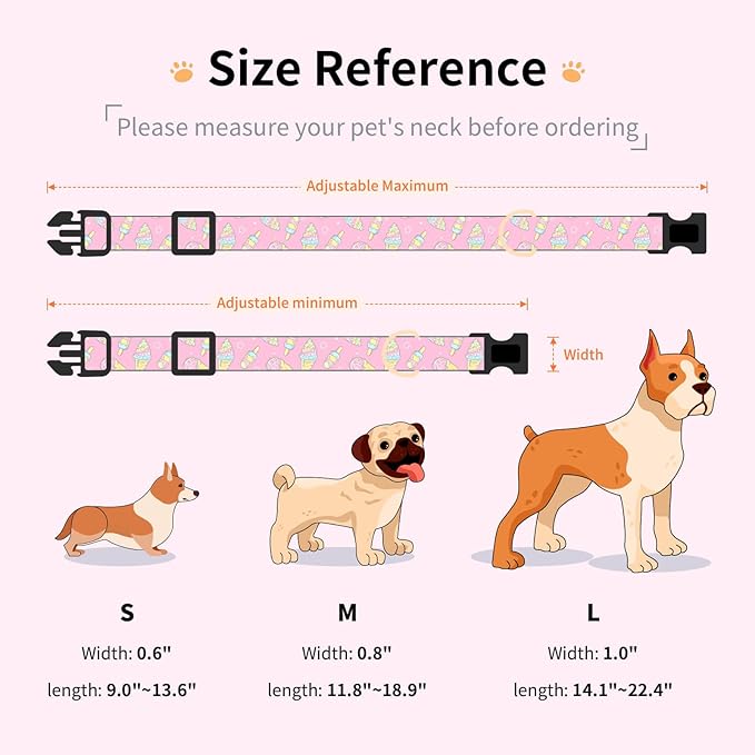 Cotton Dog Collar,Adjustable Cute Puppy Collar with Moon Patterned Design for Small Medium Large Dogs,Soft and Fancy Pet Collar with Safety Buckle for Girl Boy Dogs (Red Ice Cream, S)