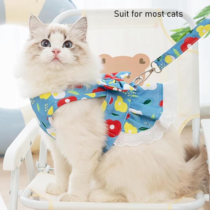 Daisy Floral Dog Harness and Leash Set - Bow Knot Girl Puppy Princess Skirt with D-Ring Mesh Summer Pet Clothes for Cat Dogs (Light Blue, Large)