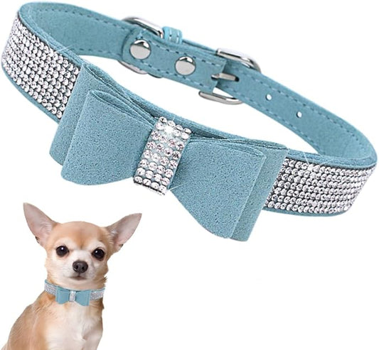 Rhinestone Dog Collar with Bow Tie, Cute Knot Crystal Bling Diamond Glitter Puppy Collars for XXS XS Small Medium Large Pet Girls Dogs Female Cats, Teal XXL