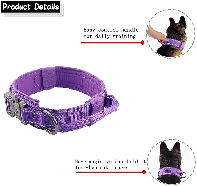 Tactical Dog Collar with Heavy Duty Metal Buckle and Control Handle for Medium Large Dogs Training(Purple, X-Large)