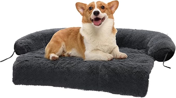 Dog Bed for Couch, Washable Fluffy Plush Dog Mat for Furniture Protector, Dark Grey
