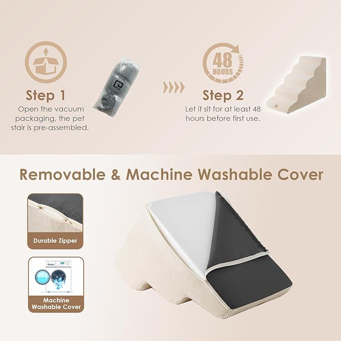 EHEYCIGA Curved Dog Stairs Ramp for High Beds 22.6" H, 5-Step Dog Steps for Small Dogs and Cats, Pet Stairs for High Bed Climbing, Non-Slip Balanced Pet Step Indoor, Beige