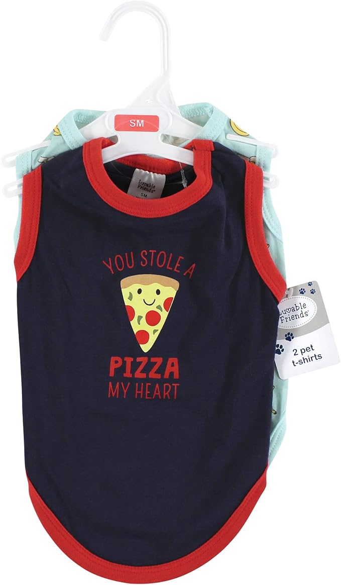 Luvable Friends Dog Pet Dog and Cats Cotton T-Shirts 2pk, Pizza Bananas, Large