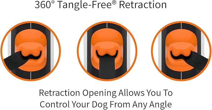 TUG Tiny 360° Tangle-Free Retractable Dog Leash with Anti-Slip Handle | 10 ft Nylon Tape | One-Handed Brake, Pause, Lock (White/Orange)