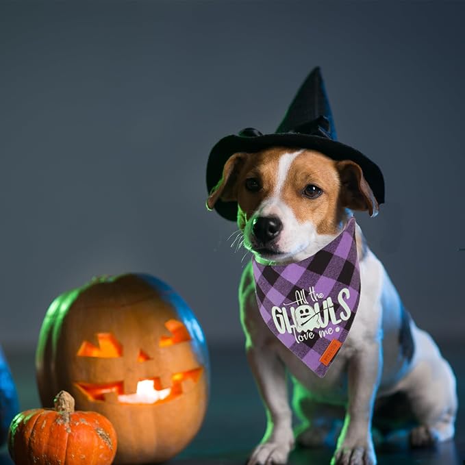 PTDECOR Dog Halloween Bandanas, Classic Orange Purple Plaid Pet Bandana, Multi Size, Triangle Halloween Bandanas for Small Dogs Pets (Small)