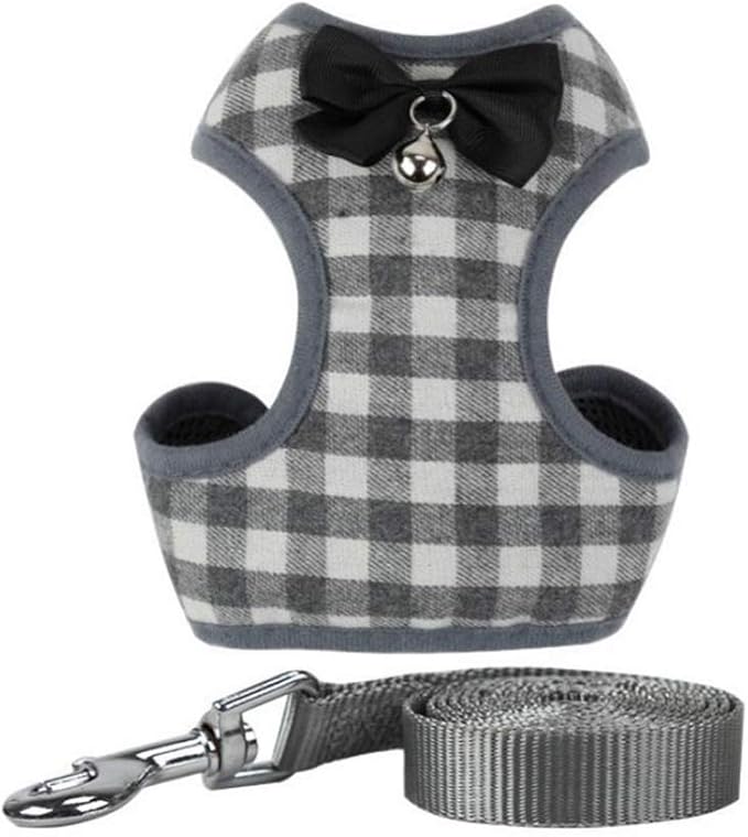 Dog Harness and Leash Set, Soft Mesh No Pull Dog Cat Harness Vest with Bowtie Bell for Small Dogs Puppy and Cats Outdoor Training and Running Classic Plaid Pattern (Small(9.0"-16.5"), Grey Plaid)