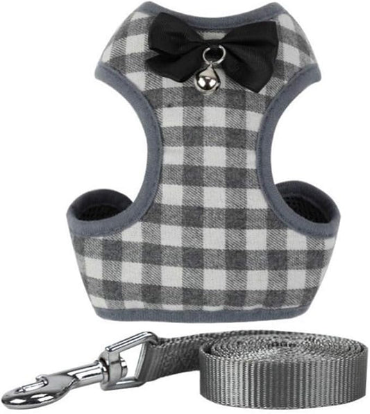 Dog Harness and Leash Set, Soft Mesh No Pull Dog Cat Harness Vest with Bowtie Bell for Small Dogs Puppy and Cats Outdoor Training and Running Classic Plaid Pattern (Small(9.0"-16.5"), Grey Plaid)