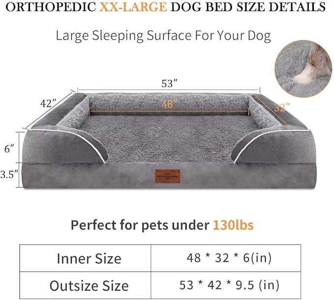 Comfort Expression XXL Orthopedic Dog Bed for Extra Large Dogs, Waterproof Orthopedic Foam Dog Beds, Washable Dogs Sofa Beds with Removable Cover & Non-Slip Bottom(XX-Large,Grey)