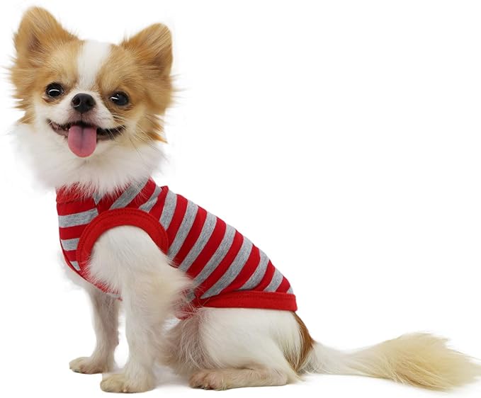LOPHIPETS 100% Cotton Striped Dog Shirts for Small Dogs Chihuahua Puppy Clothes Tank Vest-Red and Gray Strips/M