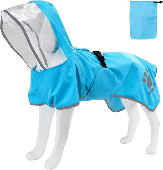 MAMORE Dog Raincoat Hooded Rain Jacket for Small Medium Large Dogs Slicker Poncho Bottom Waterproof Adjustable Reflective Breathable Leash Hole (Blue, XX-Large)
