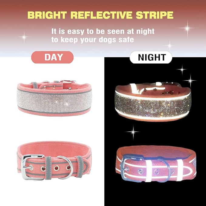 Bling Rhinestone Dog Collar Soft Comfortable Stylish Dog Collar with Bright Reflective Stripe Premium Adjustable Diamond Crystal Pet Collar for Small Medium and Large Dogs (L, Pink)