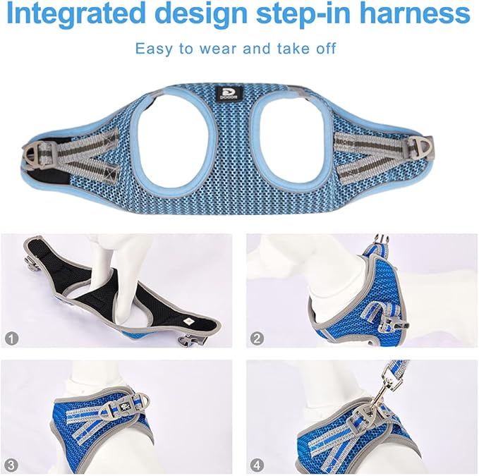 Dog and Cat Universal Harness with Leash - Cat Harness Escape Proof - Adjustable Reflective Step in Dog Harness for Small Dogs Medium Dogs - Soft Mesh Comfort Fit No Pull No Choke Light Blue S