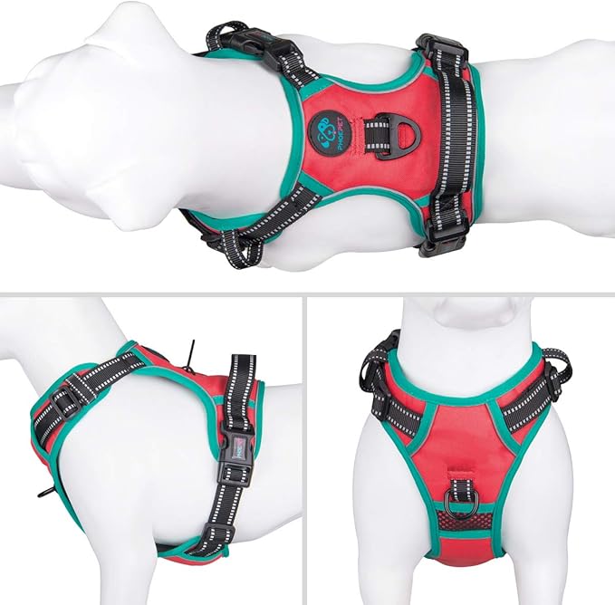 PHOEPET 2019 Upgraded No Pull Dog Harness,3M Reflective Adjustable Vest, with a Training Handle + 2 Metal Leash Hooks+ 3 Snap Buckles +4 Slide Buckles(XS, Red)