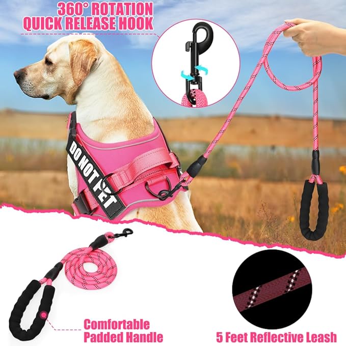 Dog Vest Harness and Leash Set, Animire Reflective Service Dog Vest with 10 Patches, 3 Rings No Choke Pet Vest for Leash Placement, in Training Dog Harness for Small Medium Large Dogs(Hot Pink,S)