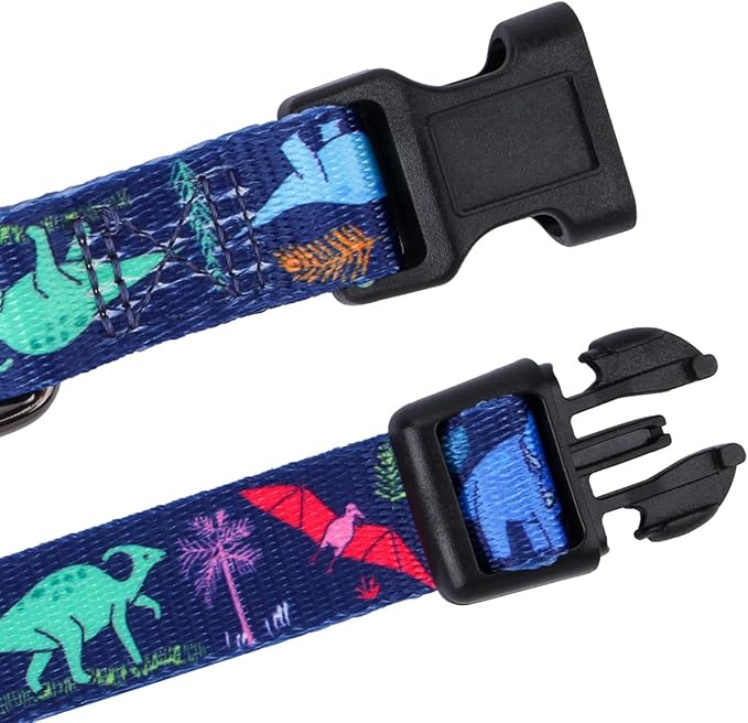 Rhea Rose Dog Collar Special Design Personalized Cute Girl boy Soft Collars with Sunflower, Camo, American Flag, Plaid (S(Neck 11"-15.7", Width 5/8"), Cartoon Dinosaurs)