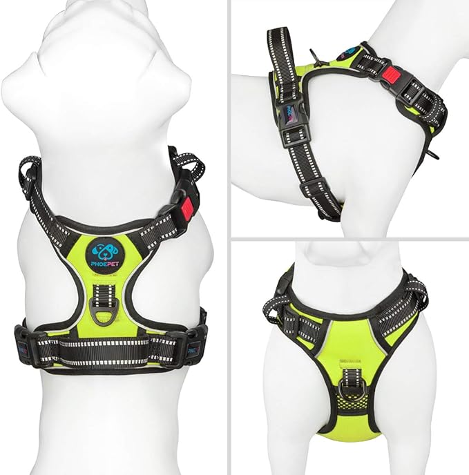 PHOEPET Reflective Dog Harness Large Breed Adjustable No Pull Vest with Handle 2 Metal Rings 3 Buckles [Easy to Put on & Take Off](XL, Green)