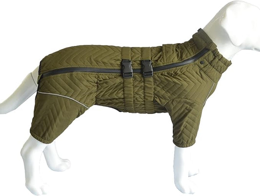 Warm Double Layers Dog Coat, 4 Legs Covered Windproof Waterproof Reflective Vest, Outdoor Skating Costume for Small Medium Large Dogs, Olive 3XL