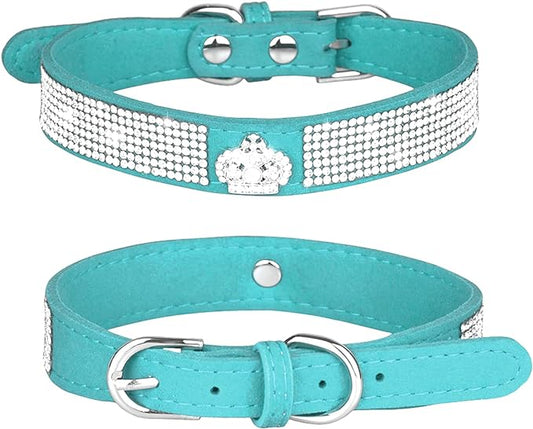 Rhinestone Dog Collar, Cute Dazzling Sparkling Soft Suede Leather Dog Cat Rhinestone Collar Crystal Diamond Pet Dog Puppy Collar (S, Blue-4)