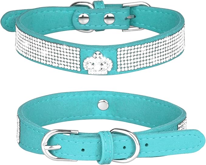 Rhinestone Dog Collar, Cute Dazzling Sparkling Soft Suede Leather Cat Collar Crystal Diamond Pet Puppy (M, Blue-4), Medium