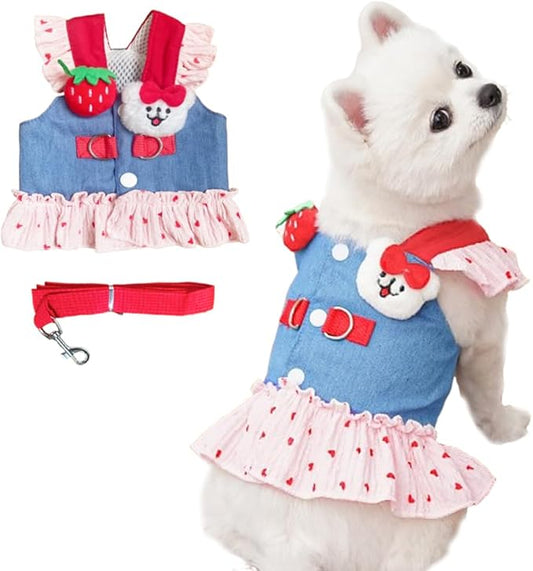 ANIAC Denim Dog Dress Harness with Leash Set Cute Small Dogs Clothes Girl Heart Patterns Puppy Dresses Breathable Mesh Cat Harness Leash Strawberry Chihuahua Yorkie Outfit (Pink Heart, X-Small)