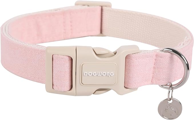 DOGWONG Cotton Hemp Dog Collar, Heavy-Duty Pink Dog Collar Adjustable Soft Natural Fabric Pet Cute Wedding Puppy Necklace for Small Medium Large Dogs