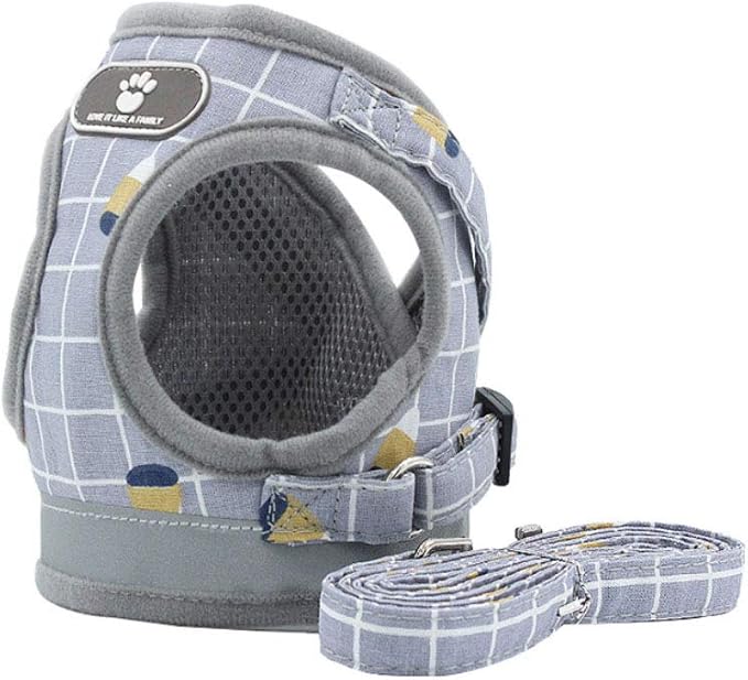 FEimaX Soft Mesh Dog Harness and Leash Set for Walking, No Pull Adjustable Reflective Puppy Step-in Vest Harness for Puppy Small Medium Dogs & Cats (L (Chest 16.1-18.1''/41-46CM), Plaid Grey)